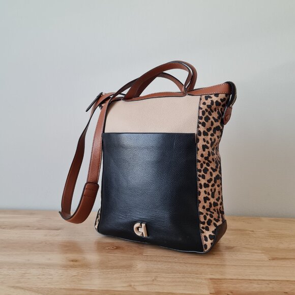 Cole Haan Leopard Cheetah Brown Convertible Backpack Leather Black Brown Beige - Picture 5 of 14